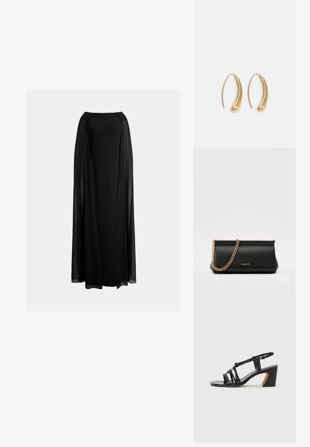 Lauren Ralph Lauren CAPE CHIFFON OFF THE SHOULDER GOWN - Oblečenie na špeciálnu príležitosť - black; Paul Smith AMIRA - Klasické lodičky na opätku - black; Čierna kožená kabelka s retiazkou zo zlata, so hladkou textúrou, obdĺžnikovým tvarom a embosovaným logom na prednej strane.; Náušnice vo forme zlatých kovových kruhov s zakriveným, predĺženým tvarom. Majú hladký, lesklý povrch a zaoblený koniec pre pridanie detailu.