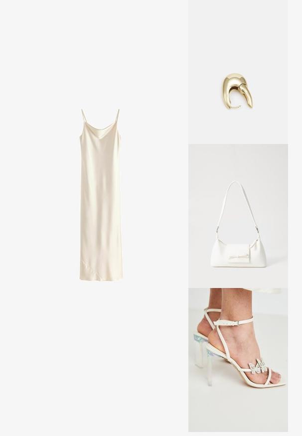 Crème satijnen slipdress met dunne schouderbandjes, een gedrapeerde halslijn en een licht asymmetrische zoom. Glad, glanzend textuur.; Witte hakken met bandjes en doorzichtige, iriserende blokhak en decoratieve vlinderaccenten op de bandjes. Zachte leren textuur.; Witte synthetische handtas met een driehoekige vorm, platte voorklep en strikdetail, verstelbare schouderriem, gladde textuur en minimalistisch ontwerp.; Gouden metalen oorbel met een slank, gebogen ontwerp. Beschikt over een kenmerkende puntige vorm, gepolijste oppervlakte en scharnier sluiting.