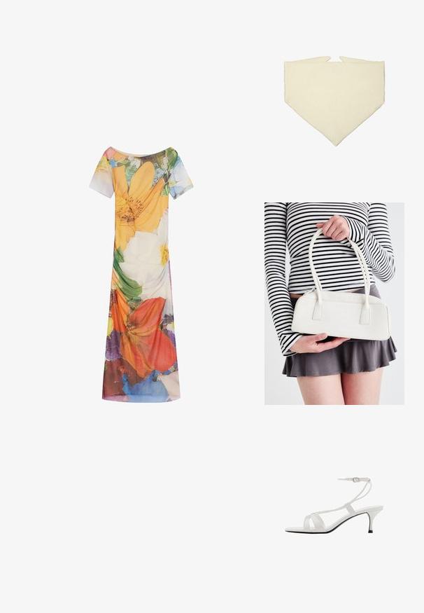 Bloemdruk jurk met korte mouwen, een brede halslijn en een vloeiende silhouet. Gemaakt van lichtgewicht stof met levendige kleurpatronen.; Witte sandalen met hoge hakken, dunne enkelband, open teen en meerdere kruislings over elkaar lopende banden. Glanzende afwerking en slanke zwarte zool.; Crèmekleurige driehoekige bandana gemaakt van zacht materiaal, met een gladde textuur en twee puntige uiteinden.; Witte handtas met krokodillenstructuur, twee handvaten, rechthoekige vorm en ritsluiting. Weergegeven tegen een lichte achtergrond.