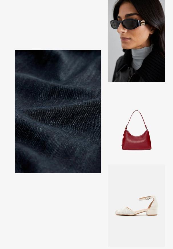 Donkerdenimstof met een subtiele textuur, met een glad oppervlak en een lichte glans, met geplooide en gedrapeerde patronen.; Witte kanten enkelband schoenen met een lage, chunky hak en een spitse neus. Glad interieur, gestructureerde kanten bovenkant en gespdetail.; Zwarte zonnebril met een stijlvolle rechthoekige montuur en een gouden logo-accent aan de zijkant. Donkere lenzen en een glanzende afwerking zijn opvallend.; Rode leren schoudertas met een gebogen ontwerp, een gladde textuur en een ritssluiting. Het heeft een dunne hengsel om te dragen.