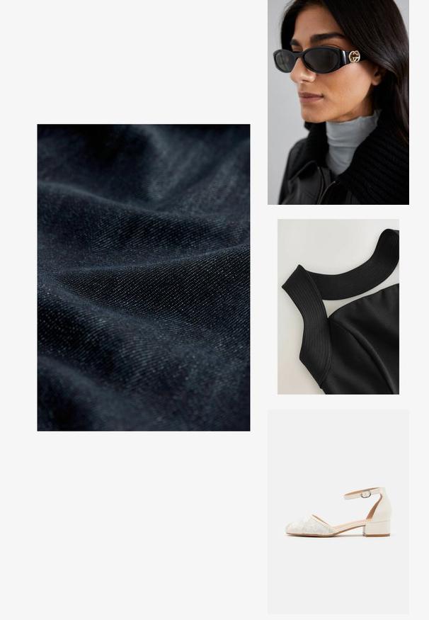 Tmavá denimová tkanina s jemnou textúrou, ktorá má hladký povrch a mierny lesk, s vystavenými prehnutými a zvrátenými vzormi.; Čierny bezrukávový top so širokými rebrovanými ramienkami a hladkou textúrou tkaniny, s kontúrovanými švami pre priliehavý strih.; Biele čipkované topánky na členkovom remienku s nízkym, masívnym podpätkom a špičatým nosom. Hladká vnútorná podšívka, textúrovaný čipkový zvršok a detail s prackou.; Čierne slnečné okuliare s elegantným obdĺžnikovým rámom a zlatým logom na boku. Tmavé šošovky a lesklý povrch sú výrazné.
