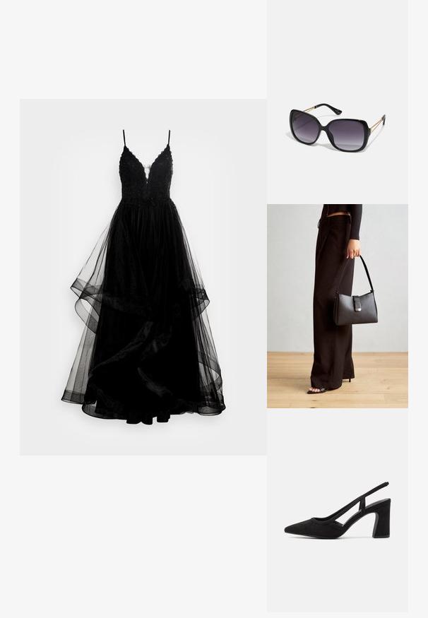 Μαύρο βραδινό φόρεμα με εφαρμοστό μπούστο, λεπτομέρειες από κεντημένη δαντέλα με πούλιες και φούστα από στρώσεις τούλι με ασύμμετρο στρίφωμα. Ρυθμιζόμενες τιράντες.; Μαύρο σουέντ σλινγκμπακ τακούνι με尖尖 μύτη, ρυθμιζόμενη ταινία και χοντρό τακούνι. Μινιμαλιστικός σχεδιασμός με λεία υφή.; Μαύρα υπερμεγέθη γυαλιά ηλίου με κλειστή βαθμίδα φακού, παχιά σκελέτη και λεπτομέρειες από χρυσή αλυσίδα στις βραχίονες του σκελετού.; Μαύρη τσάντα χειρός με δομημένο σχήμα, λεία υφή και μεταλλικό κούμπωμα. Συνδυασμένη με φαρδιά μαύρα παντελόνια και σανδάλια ανοιχτής μύτης πάνω σε ξύλινο πάτωμα.
