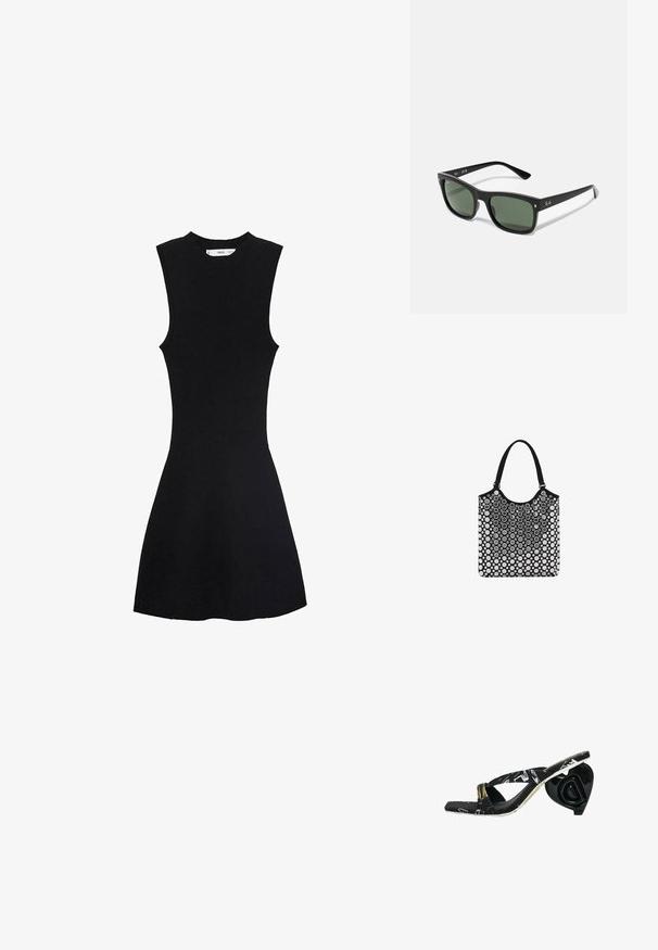 Sort ærmeløs strikkjole med et tætsiddende liv og en svajet nederdel. Stoffet fremstår glat med en subtil ribbet tekstur.; Sorte flip-flops med krydsremme, mønstret overdel og en skulpturel sort hjerteformet hæl med logo detalje.; Sorte rektangulære solbriller med mørkegrønne linser, lavet af plastik, med metal detaljer nær linserne og brandlogo på stængerne.; Sort og hvid tote bag med en afrundet top, prydet med et boblemønster, lavet af glat materiale og udstyret med to solide stropper i stof.