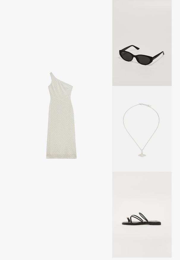One-shoulder, form-fitting midi dress made of textured cream fabric with a subtle pattern and a diagonally cut hem.; Call it Spring LUNAROSE - T-bar sandals - black; Black sunglasses with a narrow, cat-eye shape. Made of smooth plastic, featuring dark lenses and subtle logo accents on the temples.; Silver necklace with a delicate chain and oval pendant featuring intricate detailing and a small gemstone accent.