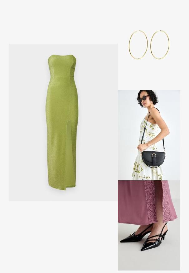 Rihmata puhta rohelise värviga, mis on valmistatud säravast kangast, omades istuvat bodi ja reie kõrgust külg-salu. Sile tekstuur, põrandani ulatuv disain.; Must musta nahk kingad, millel on teravad varbad, mitmed õhukesed rihmad ja kuldne pandla aktsent.; Mustmust mustraha kõverate joontega, eemaldatava rihmaga ja kuldsete detailidega. Kotil on klapp, millel on pandladetail.; Kuldsest rõngastest kõrvarõngad sileda, ümarate joontega. Õhukesed ja kerged, koosnevad pidevast ringsest kujundist ilma kaunistusteta.