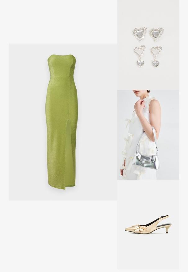 Vestido verde sin tirantes hecho de una tela brillante, con un corsé ajustado y una abertura lateral hasta el muslo. Textura suave, diseño hasta el suelo.; Zapatos de tacón de piel dorada con puntera afilada, pequeño tacón de gato y dos hebillas en el empeine. Textura suave, diseño elegante.; Bolso de mano metálico plateado con forma estructurada, que presenta un asa superior y un detalle de lazo en el frente. Textura suave y acabado reflectante.; Pendientes en forma de corazón plateados que presentan piedras claras facetadas, con un marco texturizado. El conjunto incluye estilos de perno y tipo gota.
