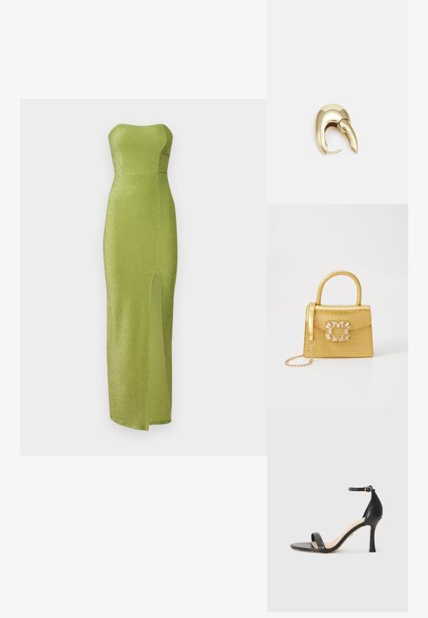 Strapless green gown made from a shimmering fabric, featuring a fitted bodice and a thigh-high side slit. Smooth texture, floor-length design.; Black leather high-heeled sandal with thin ankle strap, open toe, and a sleek, curved heel. Textured sole and minimalistic design.; Yellow faux-crocodile handbag with a structured design, top handle, detachable chain strap, and decorative crystal embellishment on the clasp.; Gold-tone metal earring with a sleek, curved design. Features a distinctive pointed shape, polished surface, and hinge closure.