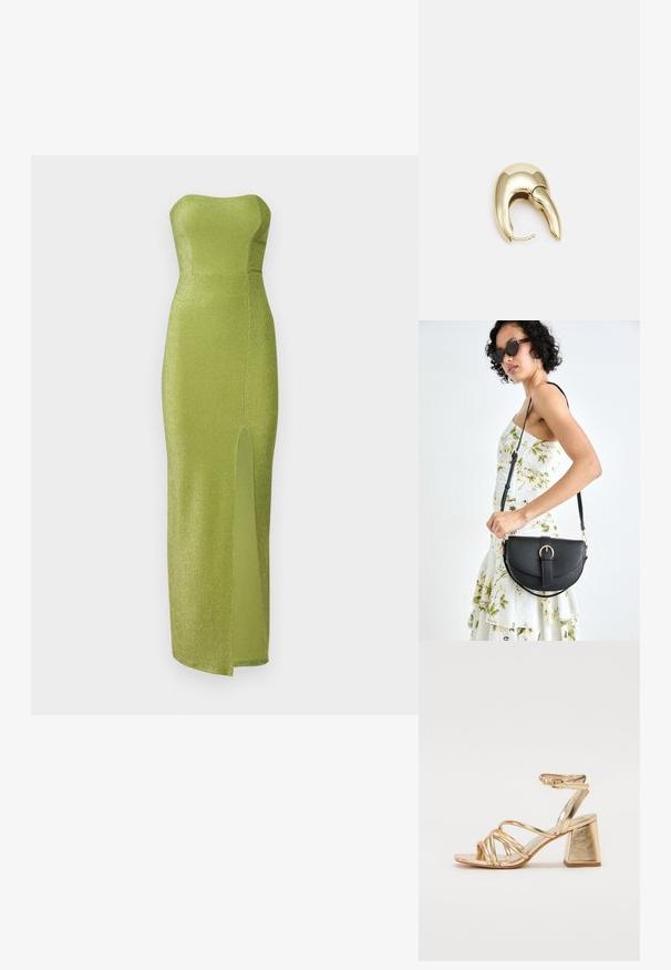 Bezramenné zelené šaty vyrobené z třpytivé látky, s dobře padnoucím živůtkem a rozparkem až ke stehnům. Hladká textura, dlouhý design až na zem.; Zlaté metalické sandály na podpatku s páskovým designem, čtvercovým blokovým podpatkem a nastavitelným kotníkovým popruhem se sponou. Hladký povrch.; Černá kožená kabelka s křivkovým tvarem, odnímatelným popruhem a zlatými detaily. Kabelka má klopu s přezkou.; Náušnice ve zlatém tónu z kovu s elegantním zakřiveným designem. Vyznačují se jedinečným špičatým tvarem, lesklým povrchem a závěsem na kloub.