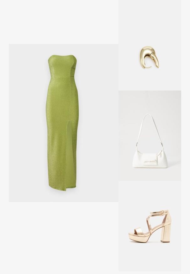 Pánt nélküli zöld estélyi ruha, fénylő anyagból készült, testhez simuló felsőrésszel és combig érő oldalsó hasítékkal. Sima textúra, földig érő fazon.; Arany fémes platform szandál, tömbös blokk sarokkal, nyitott orral és keresztbefonódó bokapántokkal, amelyeken csatt díszítések találhatók. Sima tapintás.; Fehér szintetikus kézitáska, háromszög alakú, lapos előlap, masni részlettel, állítható pánttal, sima textúrával és minimalista dizájnnal.; Aranyszínű fém fülbevaló, elegáns, ívelt formával. Különleges hegyes alak, fényes felszín és zsanéros záródás jellemzi.