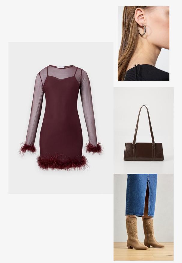 Burgundy dress with a fitted design, sheer mesh long sleeves, and feather accents at the cuffs and hem. Smooth texture, elegant silhouette.; Tan western-style boots with decorative stitching, pointed toe, and a stacked heel. Worn with a knee-length denim skirt, revealing the boots.; Brown patent leather handbag with a rectangular shape, two long handles, and subtle curved accents on the front.; Silver hoop earring with a polished finish, featuring small gold accent details and a round shape, worn on the lobe.