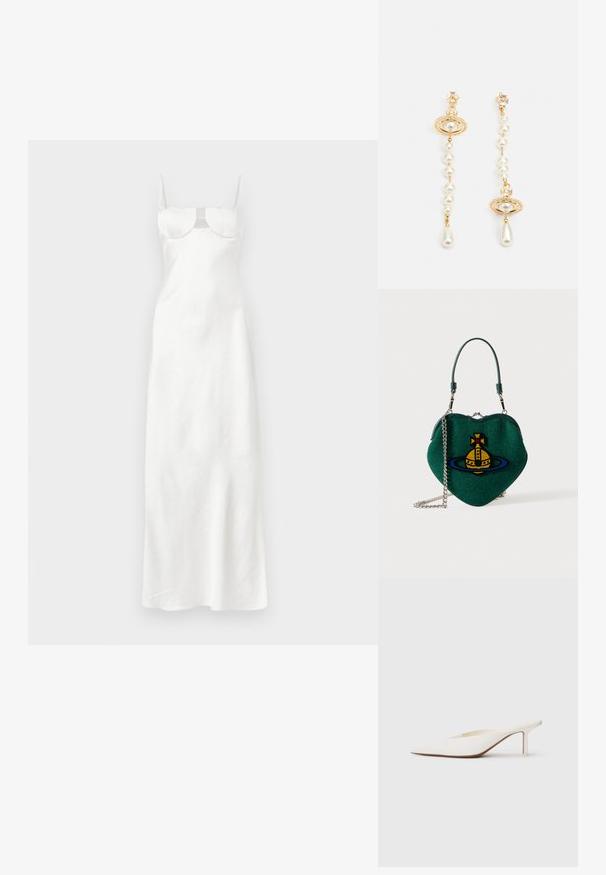 Biała suknia maxi z cienkimi ramiączkami, dopasowanym biustonoszem ze usztywnianymi miseczkami oraz gładką, lekko rozszerzaną spódnicą.; Białe mule z ostrym noskiem i niskim obcasem w kształcie słupka. Wykonane z gładkiego materiału o minimalistycznym designie i subtelnym brązowym detalem na podeszwie.; Zielona torebka w kształcie serca z żółto-niebieskim emblematem planety, krótkim uchwytem i srebrnym łańcuszkiem na białym tle.; Złote kolczyki z perłowymi koralikami oraz okrągłym wisiorkiem z wiszącą perłą. Akcentowane przez przezroczysty kryształ przy zapięciu.