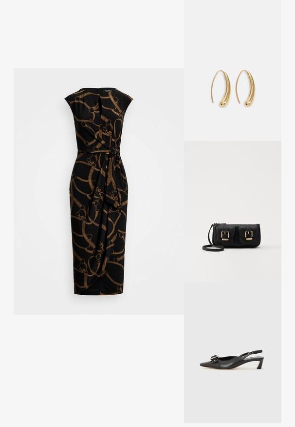 Svart kjole med tettsittende liv og flytende skjørt, med et mønster av gullkjeder. Glatt stoff med kortermede ermer og glidelås bak.; Svarte skinn slingback-sko med spiss tå, liten hæl og dekorativ spenne-detalj på overdelen. Glatt tekstur, minimalistisk design.; Svart skinn crossbody veske med to frontlommer, gyldne spenner, glidelåslukking og en slank stropp. Teksturert overflate og kompakt rektangulær form.; Gullfargede metalløredobber med en buet, forlenget form. Har en jevn, blank overflate og en avrundet tupp for ekstra detaljer.