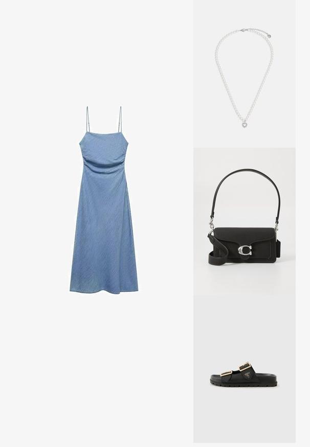 Lyseblå denimkjole med tynde justerbare stropper, tætsiddende liv og en svævende A-formet nederdel. Glat tekstur med en subtil glans.; Sorte sandlejer med to justerbare stropper, guldfarvede spænder, tekstureret gummioven og en tykk tekstureret sål. Logo vist på siden.; Sort læder crossbody taske med en tekstureret overflade, sølvhardware og en fremtrædende lås. Har en aftagelig rem og detaljeret syning.; Perlekæde med runde hvide perler og en sølv hjertevedhæng med en krystalaccent. Krogslutning og justerbar kædedetalje.
