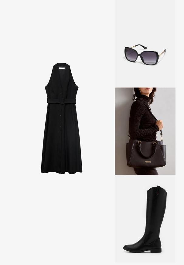 Robe sans manches noire avec une ceinture, dotée d'un devant boutonnière et d'une jupe fluide, fabriquée en tissu lisse avec un design minimaliste.; Bottes noires jusqu'au genou en matériau synthétique lisse, bout arrondi, petit talon carré, avec une languette en haut pour faciliter l'enfilage.; Lunettes de soleil noires surdimensionnées avec des verres dégradés, monture épaisse et détails en chaîne dorée sur les branches.; Sac à main noir avec surface texturée, deux poignées supérieures et bandoulière réglable. Doté de quincaillerie dorée et de poches latérales.