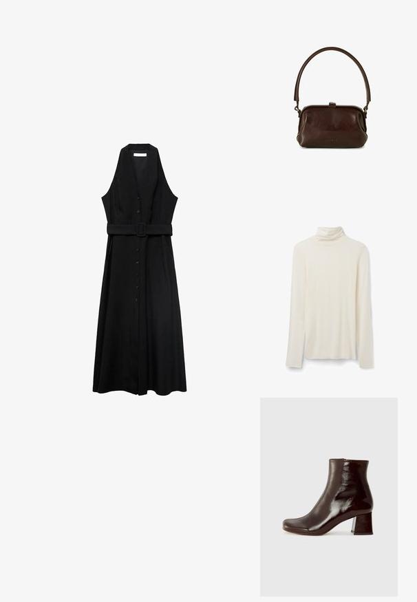 Robe sans manches noire avec une ceinture, dotée d'un devant boutonnière et d'une jupe fluide, fabriquée en tissu lisse avec un design minimaliste.; Chandail à col roulé crème à manches longues, fabriqué en tissu doux, avec un col ajusté et un design simple comportant des manches longues et un ourlet droit.; Chie Mihara MUKI - Bottines compensées - sucre choco; BALAGAN ROHA - Sac à main - dark brown