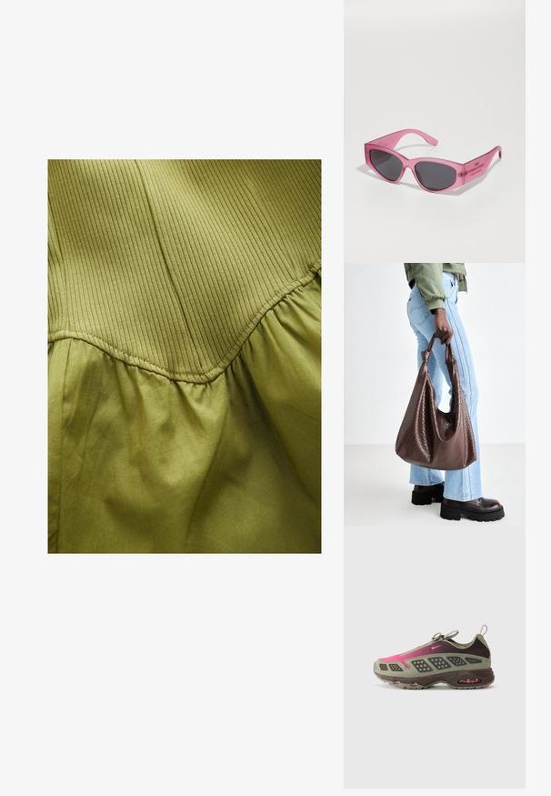 Olīvu zaļš audums ar vertikālu ribotu tekstūru augšējā daļā un mīkstu saplacinātu tekstūru apakšā, ar izliekta šuvju detaļām.; Sporta apavi, kas veidoti no olīvzaļas un tumši brūnas krāsas materiāliem ar rozā akcentiem. Rakstaina virsa un redzama gaisa amortizācija zole.; Rozā caurspīdīgas saulesbrilles ar stūrainu kaķa acs formu, tumši tonētiem objektīviem un iegravētu tekstu uz tempļa "SAULESBRILLES".; Brazda izstrādāta ādas somiņa ar mezglotiem rokturīšiem, ko nes cilvēks viegli zilos džinsos un melnās masīvās kurpēs. Gluda, teksturēta virsma.
