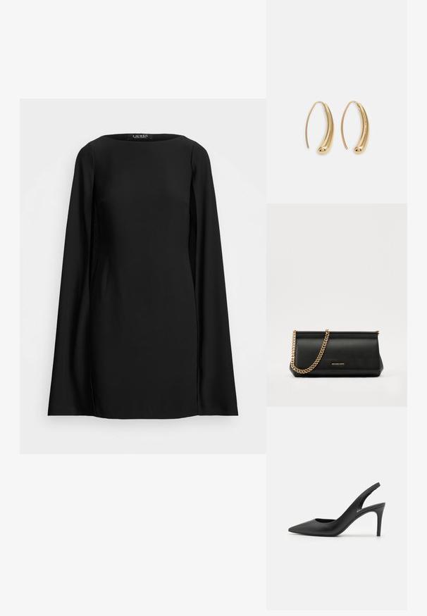Vestido negro de manga larga con cuello redondo, textura suave y corte recto. Diseño minimalista sin patrones ni adornos.; Zapatos de tacón alto de cuero negro con diseño de punta afilada, que presentan un corte en la parte delantera y un delgado tacón de aguja.; Cartera de mano de piel negra con una correa de cadena dorada, que presenta una textura suave, forma rectangular y un logotipo en relieve en la parte frontal.; Pendientes de aro de metal en tono dorado con una forma curva y alargada. Presentan una superficie lisa y brillante y una punta redondeada para mayor detalle.