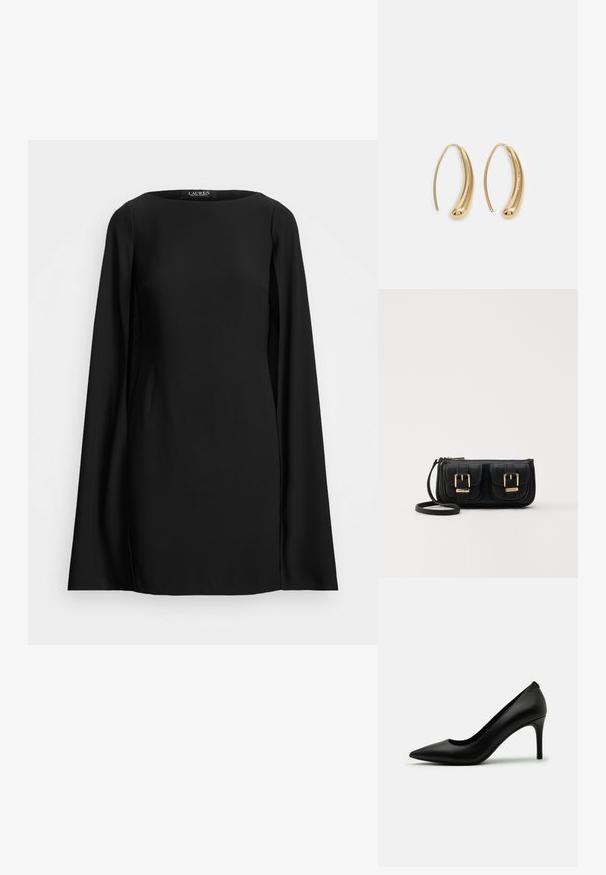 Robe noire à manches longues avec un col rond, texture lisse et coupe droite. Design minimaliste sans motifs ni embellissements.; Escarpin noir à talon haut en cuir lisse, présentant un bout pointu et un talon stiletto fin. Design minimaliste sans ornements visibles.; Sac en cuir noir porté en travers avec deux poches avant, boucles dorées, fermeture zippée et une sangle fine. Surface texturée et forme rectangulaire compacte.; Boucles d'oreilles en métal doré en forme d'anneau, avec une forme courbée et allongée. Elles présentent une surface lisse et brillante avec une pointe arrondie pour un détail supplémentaire.