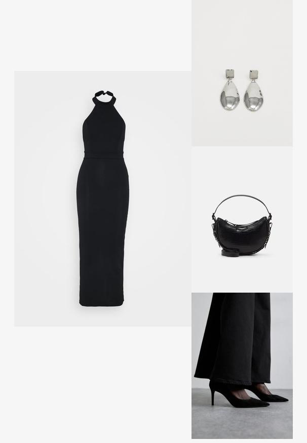 Abito nero con scollo all'americana, dotato di un corpetto aderente e una gonna aderente che arriva fino a terra. Realizzato in un tessuto liscio con una leggera lucentezza.; Scarpe nere in suede con tacco alto e punta affilata, indossate con pantaloni neri a gamba larga, presentano un design elegante e una delicata lucentezza.; Borsa nera con effetto coccodrillo, dalla forma curvata, con tracolla rimovibile e un elegante dettaglio metallico sul davanti.; Orecchini a goccia in argento con perno quadrato, caratterizzati da una finitura liscia e lucidata e da una forma a goccia, che riflettono la luce grazie a una superficie lucida.