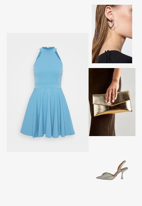 Robe sans manches bleu clair avec un col haut, un corsage ajusté et une jupe évasée. Fabriquée dans un tissu lisse avec un design plissé.; Chaussure slingback en satin blanc, à bout pointu, ornée de perles argentées. Présente un talon fin et transparent, ainsi qu'un détail décoratif texturé sur le dessus.; Pochette en métal doré avec une texture lisse, dotée d'un rabat en forme de triangle. La main qui la tient a des ongles soigneusement manucurés.; Boucle d'oreille en argent avec une finition polie, présentant de petits détails en or et de forme ronde, portée sur le lobe.