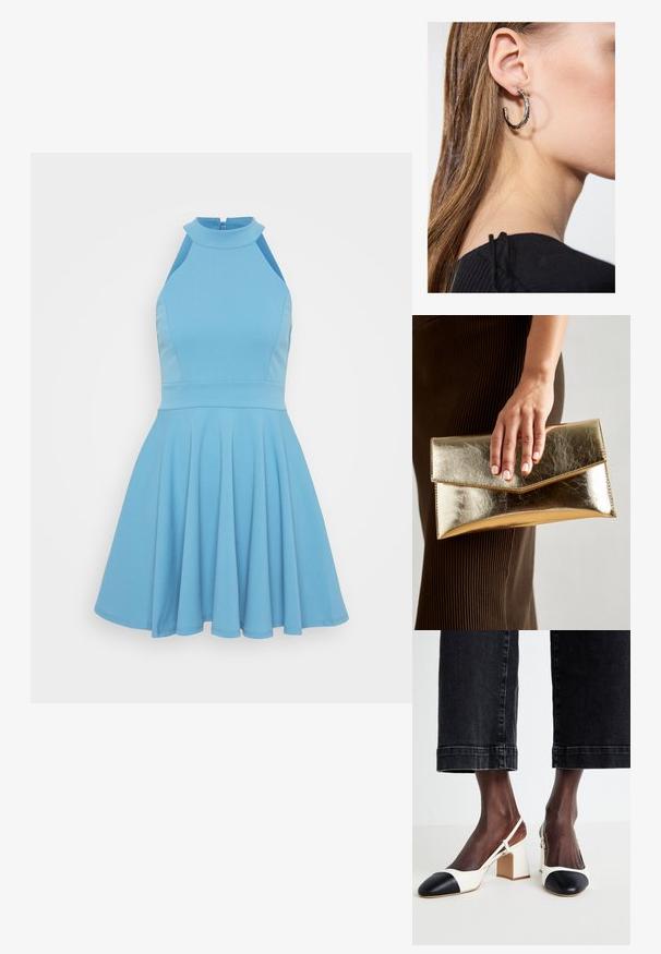 Jasnoniebieska bezrękawnikowa sukienka z wysokim dekoltem, dopasowanym gorsetem i rozkloszowanym dołem. Wykonana z gładkiego materiału o plisowanym wzorze.; Białe i czarne buty na obcasie typu slingback z ostrym noskiem, wykonane z gładkiej skóry, z kontrastowymi detalami na czubku.; Złota metaliczna kopertówka o gładkiej teksturze, z trójkątnym zapięciem na klapkę. Ręka trzymająca torbę ma starannie wypielęgnowane paznokcie.; Srebrny kolczyk w kształcie koła z polerowanym wykończeniem, z małymi złotymi akcentami, noszony na płatku ucha.