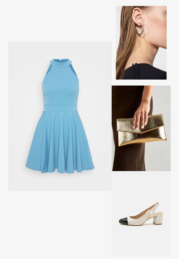 Himmelblaues ärmelloses Kleid mit hohem Ausschnitt, tailliertem Oberteil und weitem Rock. Hergestellt aus glattem Stoff mit einem plissierten Design.; Weiße Leder-Slingback-Schuhe mit einer schwarzen lackierten spitzen Zehe. Verfügt über einen Blockabsatz und ein Cut-out-Design an den Seiten.; Goldfarbene metallische Clutch mit einer glatten Textur und einem dreieckigen Klappenverschluss. Die Hand, die sie hält, hat ordentlich manikürte Nägel.; Silberne Creolen mit polierter Oberfläche, die kleine goldene Akzentdetails und eine runde Form aufweisen, am Ohrläppchen getragen.