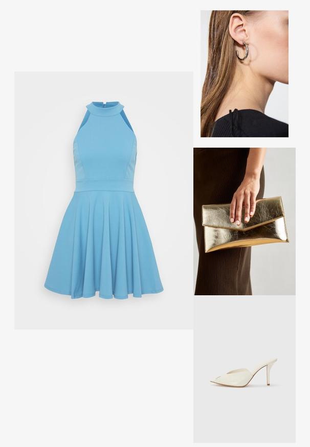 Light blue sleeveless dress with a high neckline, fitted bodice, and flared skirt. Made from smooth fabric with a pleated design.; White patent leather open-toe mules with a pointed design, slender high heel, and smooth texture; minimalist style with subtle stitching details.; Gold metallic clutch bag with a smooth texture, featuring a triangular flap closure. The hand holding it has neatly manicured nails.; Silver hoop earring with a polished finish, featuring small gold accent details and a round shape, worn on the lobe.