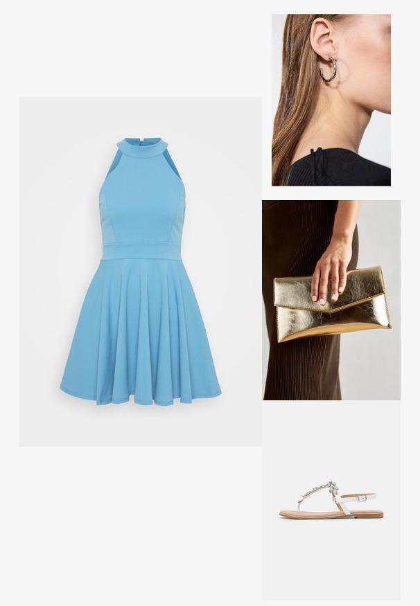 Robe sans manches bleu clair avec un col haut, un corsage ajusté et une jupe évasée. Fabriquée dans un tissu lisse avec un design plissé.; Sandales plates blanches avec un design en T, ornées de pierres claires. La semelle est brun clair avec un profil fin et plat. Bride de cheville ajustable.; Pochette en métal doré avec une texture lisse, dotée d'un rabat en forme de triangle. La main qui la tient a des ongles soigneusement manucurés.; Boucle d'oreille en argent avec une finition polie, présentant de petits détails en or et de forme ronde, portée sur le lobe.