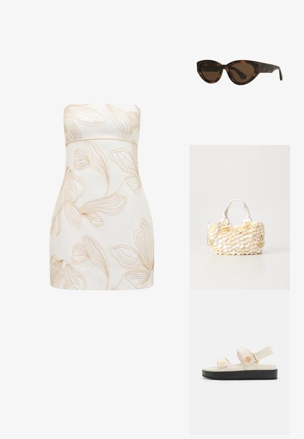 Beżowa sukienka bez ramiączek z wypukłymi wzorami kwiatowymi w jasnym odcieniu. Dopasowany krój, gładka faktura, długość do kolan i brak widocznych zapięć.; Beżowe regulowane sandały o gładkiej fakturze, z dwoma paskami i czarną płaską podeszwą. Złoty detal z logo na każdym pasku.; Okulary przeciwsłoneczne w stylu kocich oczu w kolorze motyla, z brązowymi soczewkami, charakteryzujące się gładkimi, błyszczącymi plastikowymi oprawkami oraz eleganckim designem. Brak widocznych logo lub akcentów.; Biała torebka z teksturowanymi, falistymi ozdobami w kształcie muszli. Posiada plecioną rączkę oraz srebrny łańcuch, co zapewnia wszechstronność.