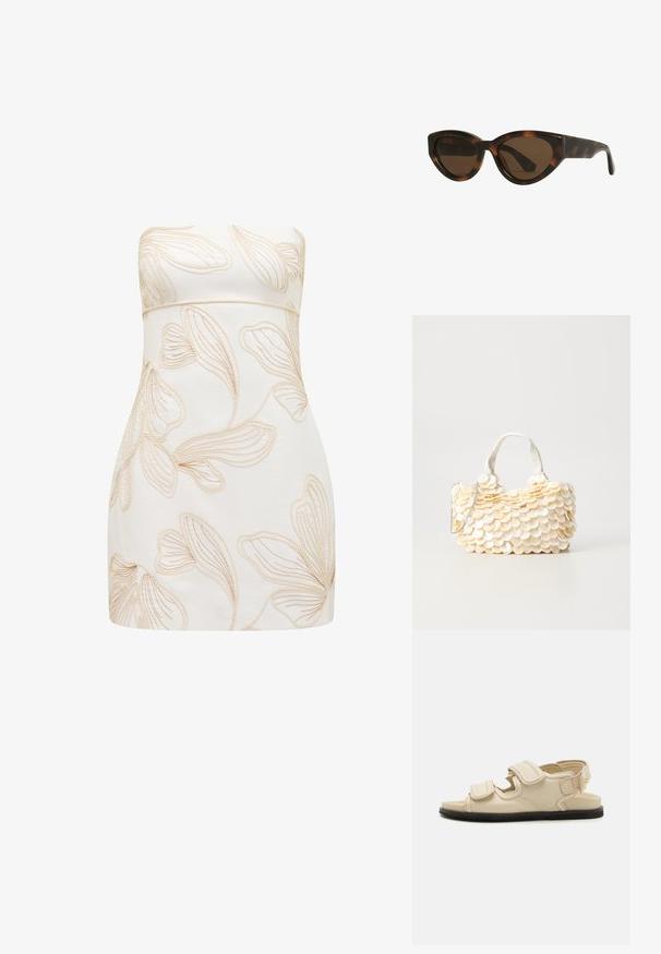 ďžBezramínkov dress v krémové barvě s raženými květinovými vzory v světle béžové. Přiléhavý střih, hladká textura, délka ke kolenům a žádné viditelné zapínání.; Béžové kožené sandály se dvěma nastavitelnými suchými zipy, uzavřenou špičkou a černou gumovou podrážkou. Mají minimalistický design a otevřenou patu.; Kočičí sluneční brýle ve stylu želvoviny s hnědými skly, se hladkými, lesklými plastovými rámy a moderním designem. Žádné viditelné logo ani akcenty.; Bílá kabelka s texturovanými ozdobami ve tvaru zvlněné mušle. Obsahuje pletenou rukojeť a stříbrný řetízek pro variabilitu.