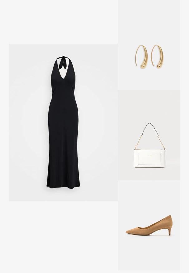 Robe noire à col halter avec un décolleté en V profond, silhouette ajustée et ourlet évasé. Le matériau semble lisse et léger.; Chaussure à talon haut à bout pointu en daim beige, présentant un talon bas et une texture lisse. Silhouette classique avec un léger détail à l'arrière.; Sac à main en cuir blanc avec un fini texturé, doté d'une bandoulière en chaîne dorée et d'accents noirs. Comprend une poche avant et une fermeture éclair.; Boucles d'oreilles en métal doré en forme d'anneau, avec une forme courbée et allongée. Elles présentent une surface lisse et brillante avec une pointe arrondie pour un détail supplémentaire.