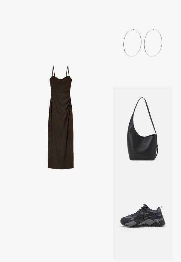 Smeđa, bezrukavna midi haljina s tankim trakama, s naboranim detaljima na prednjem dijelu, izrađena od glatkog, padajućeg materijala.; Crni atletski tenisice s gornjim dijelom od mreže i tekstila s sivim detaljima, masivnim potplatom i prepoznatljivim dizajnerskim linijama.; Crna kožna hobo torba s glatkom teksturom, zakrivljenim oblikom i jednom podesivom trakicom; ima širok otvor na vrhu.; Srebrne naušnice od obruča s glatkim, okruglim dizajnom i poliranim završetkom. Tanak su i lagani, s jednostavnim zatvaranjem.