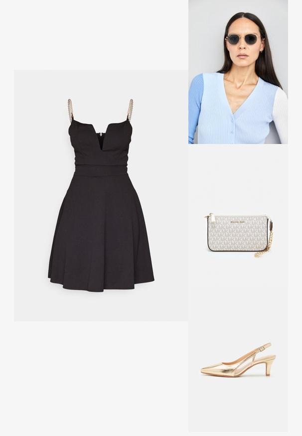 Musta A-linjainen mekko, jossa on syvä V-pääntie ja olkaimet, jotka ovat spagetti-tyyppiset. Mekossa on helmikoristeet olkaimissa ja istuva bodice.; Kultaholikinen slingback-kengä, jossa on terävä kärki, pieni korko ja säädettävä hihna. Tasainen pinta, tyylikäs muotoilu ja avoimet sivut.; Pyöreät aurinkolasit, joissa on tummat linssit ja kultaiset kehykset. Mallilla on päällään vaaleansininen, ribatusta materiaalista valmistettu neuletakki, jossa on napit ja kontrastiväriset valkoiset hihat.; Michael Kors kääröbeige pinnoitettua kangasta, jossa on toistuva MK-logo -kuvio, kultaiset yksityiskohdat ja irrotettava ketjuhihna.