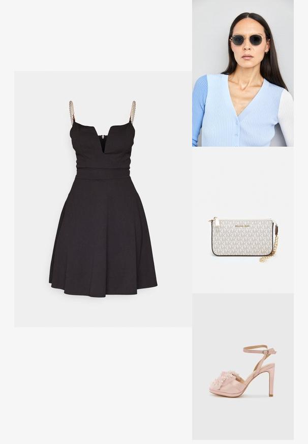 Black A-line dress with a deep V-neck and spaghetti strap design. Features pearl accents on the straps and a fitted bodice.; Light pink satin high-heeled sandals with a ruffled tulle detail adorned with faux pearls, featuring an ankle strap and open toe design.; Round sunglasses with dark lenses and gold frames. The model wears a light blue, ribbed cardigan with buttons and contrast white sleeves.; Michael Kors wristlet in beige coated canvas featuring a repeating MK logo pattern, gold hardware, and a detachable chain strap.