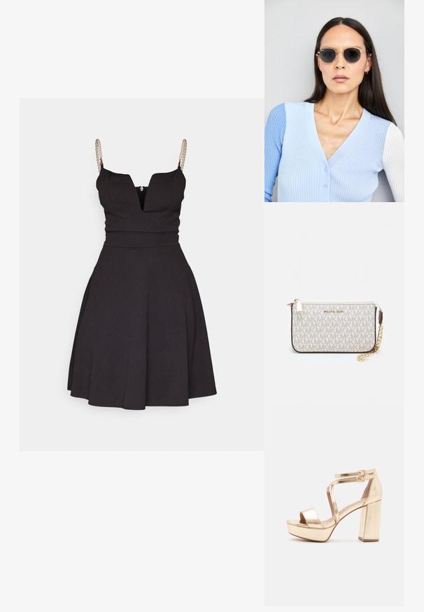 Musta A-linjainen mekko, jossa on syvä V-pääntie ja olkaimet, jotka ovat spagetti-tyyppiset. Mekossa on helmikoristeet olkaimissa ja istuva bodice.; Kultaiset metalliset platform-sandaalit paksulla lohkareen korolla, avonaisella varpaalla ja ristiin menevillä nilkkahihnoilla, joissa on solkikoristeet. Silkkinen pinta.; Pyöreät aurinkolasit, joissa on tummat linssit ja kultaiset kehykset. Mallilla on päällään vaaleansininen, ribatusta materiaalista valmistettu neuletakki, jossa on napit ja kontrastiväriset valkoiset hihat.; Michael Kors kääröbeige pinnoitettua kangasta, jossa on toistuva MK-logo -kuvio, kultaiset yksityiskohdat ja irrotettava ketjuhihna.