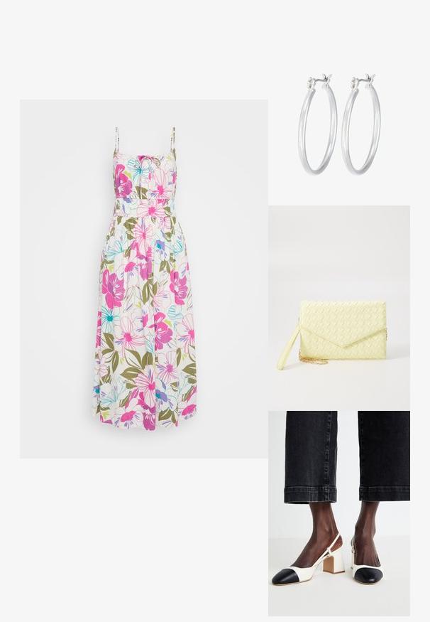 Vestido maxi floral con tirantes finos, que presenta flores de color rosa brillante, azul y verde sobre un fondo blanco, cintura fruncida y tela fluida.; Zapatos slingback de tacón bloque en blanco y negro con punta afilada, material de cuero suave y detalles en color contrastante en la puntera.; Cartera de mano tejida amarilla con diseño de solapa, correa de muñeca desmontable y acento de cadena dorada. Textura suave y forma rectangular.; Pendientes de aro de plata con un acabado liso y pulido. Forma redonda y cierre de click seguro. Diseño ligero adecuado para el uso diario.