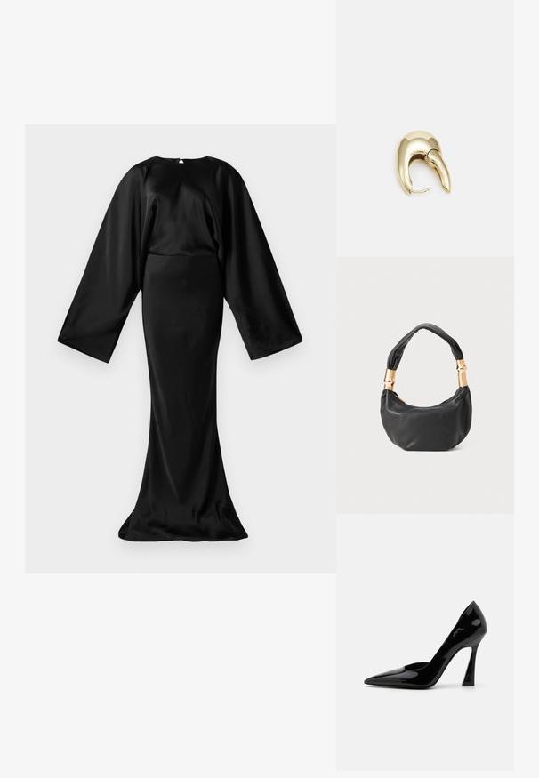 Black satin long dress with wide batwing sleeves and a fitted mermaid-style skirt against a white background.; Black patent leather high-heeled pump with a pointed toe and an angular stiletto heel, featuring a smooth, shiny texture.; Black leather handbag with a round shape, soft texture, and a knotted handle featuring gold-tone hardware accents. Zipper closure.; Gold-tone metal earring with a sleek, curved design. Features a distinctive pointed shape, polished surface, and hinge closure.