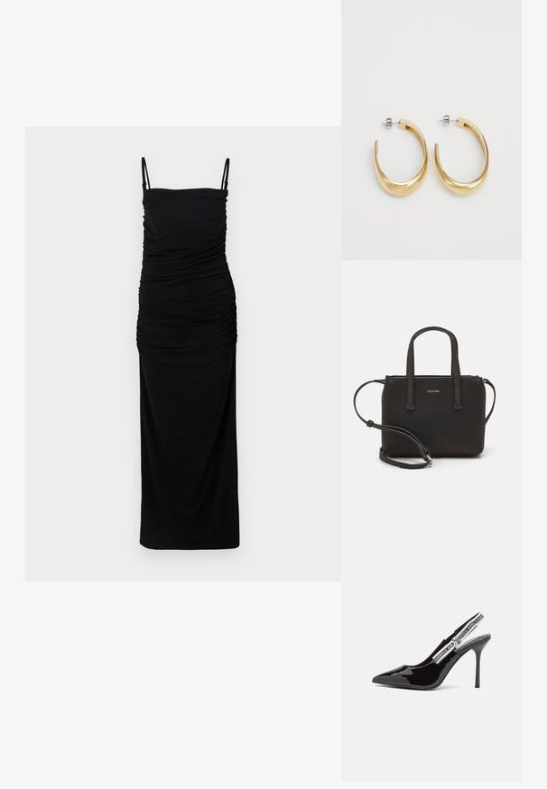 Melna ruched maxi kleita ar šaurām plecu siksnām un pieguļošu siluetu. Izgatavota no mīkstas, gludas auduma ar nelielu stiepšanos komfortam.; Melni lakoti ādas kurpju papēži ar asu purngali, siksniņa ap potīti un plāns stiletto papēdis. Gluda tekstūra, elegants dizains.; Melns roku soma ar divām īsām rokturiem un noņemamu plecu siksnu. Gluda ādas līdzīga materiāla ar rāvējslēdzēja aizdari un logos detaļu.; Zeltaini auskari ar gludu, izliekta dizaina. Izgatavoti no metāla, ar elegantu apdari un aizmugurējām aizdares aizsargām.
