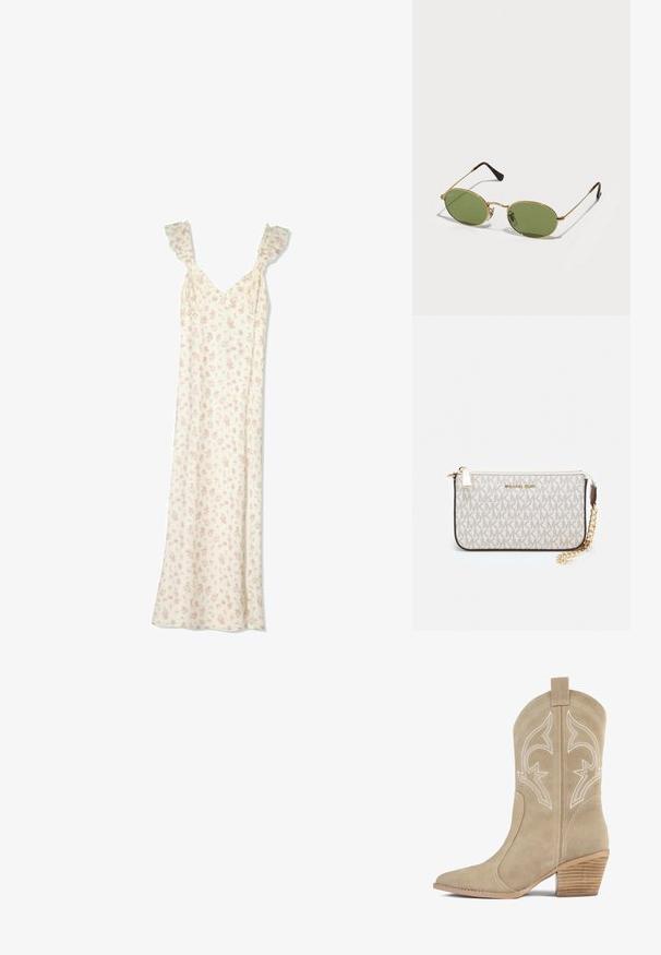 Hosszú fehér ruha kicsi rózsaszín virágmintával, fodros vállpántokkal és V-nyakkivágással.; Beige velúrbőr cowboy csizma hegyes orral, dekoratív fehér varrással és rakott fa sarkal. Hátul húzófüllel rendelkezik.; Ovális napszemüveg zöld lencsékkel, arany színű fém kerettel és sötétbarna műanyag végződésekkel. Könnyű, az egyik lencsén látható Ray-Ban logóval.; Michael Kors bézs bevonatos vászon karkötő, amely ismétlődő MK logó mintával, aranyszínű fémrészletekkel és levehető lánchordóval rendelkezik.