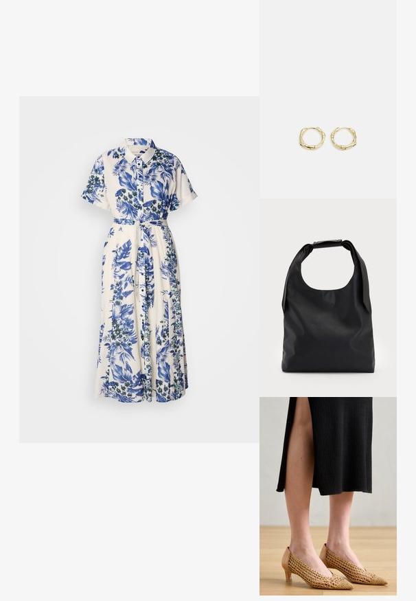 Vestido con estampado floral en azul y blanco. Presenta un cuello con solapa, mangas cortas, una cintura ceñida con cinturón y una falda larga.; Zapatos de punta con una parte superior de malla dorada tejida, parte trasera de cuero beige y un tacón pequeño, colocados sobre un suelo de madera y un vestido negro de canalé.; Bolso hobo de cuero negro con un solo asa suave y redondeada; presenta una textura lisa y un diseño minimalista. Sin hardware visible ni acentos.; Pendientes de aro de oro con forma irregular y texturizada. Presentan un cierre sin costuras y un acabado pulido, destacando un diseño moderno.