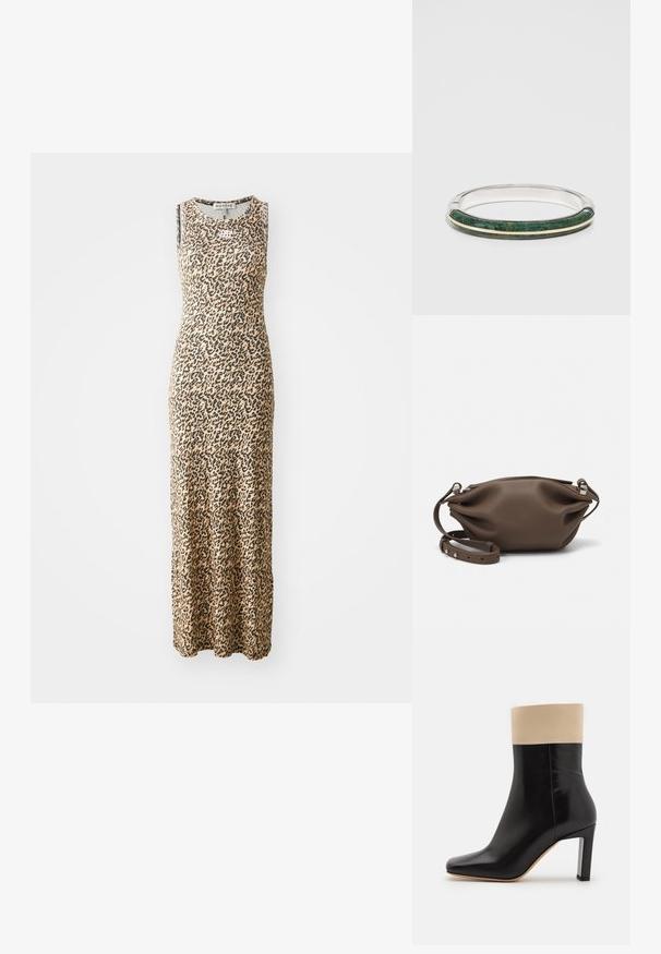 Beżowa sukienka maxi bez rękawów w czarne cętki z okrągłym dekoltem. Wykonana z miękkiego, rozciągliwego materiału zapewniającego komfort.; Czarny skórzany botek na kostkę z kremowym akcentem na górze, spiczastym noskiem i wysokim, srebrnym obcasem. Gładka tekstura bez widocznych wzorów.; Brązowa skórzana torebka o miękkiej, strukturalnej formie, z zamknięciem na górze na zamek błyskawiczny oraz regulowanym paskiem z akcentami w srebrnym kolorze.; Metalowa bransoletka w formie bangla z zielonym zdobieniem z kamienia, o fakturowanej powierzchni, akcentowana wąskim złotym pasem i gładkimi srebrnymi krawędziami.