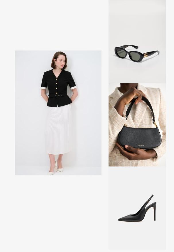 Blazer nero su misura con bottoni dorati e vita cintrata, abbinato a una gonna bianca fluida a pieghe. Tacchi bianchi completano l'outfit.; Scarpa con tacco alto in pelle nera, tipo slingback, con punta affilata, caratterizzata da un tacco sottile e una cinturino regolabile alla caviglia con fibbia dorata.; Occhiali da sole in plastica nera con lenti verdi, caratterizzati da una forma ovale e un dettaglio del logo dorato sulle tempie. Texture liscia e finitura lucida.; Borsa a mano in pelle nera con finitura testurizzata, design elegante, manico corto e un dettaglio con logo dorato. Sostenuta contro uno sfondo di tessuto chiaro.; Orologio da polso rettangolare dorato con quadrante verde chiaro testurizzato, due indicatori delle ore neri, bracciale in metallo dorato e un design minimalista.; Fascinator nero con fascia, realizzato in tulle trasparente, caratterizzato da anelli sovrapposti e un dettaglio centrale a fiocco. Struttura con filo per modellare.