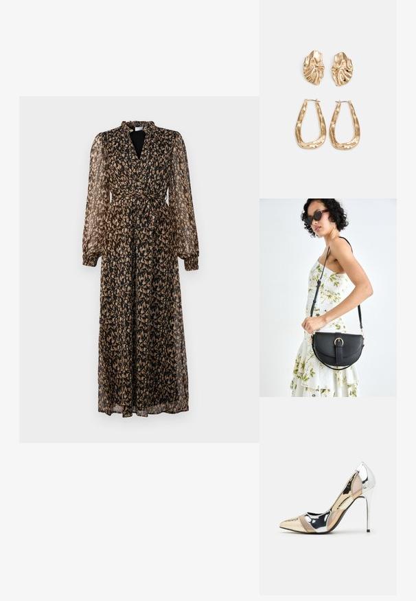 Long, sheer dress in black and beige with a floral pattern, featuring a deep v-neck, long sleeves, elastic cuffs, and a tied waist.; Pointed-toe high heel shoe with a silver, gold, and nude color scheme. Glossy finish with cutout design, featuring a stiletto heel.; Black leather handbag with a curved shape, detachable strap, and gold hardware. The bag features a flap with a buckle detail.; Gold-tone earrings featuring textured, wavy shapes. Includes sculptural clip-on studs and open hoop design with a hammered finish.