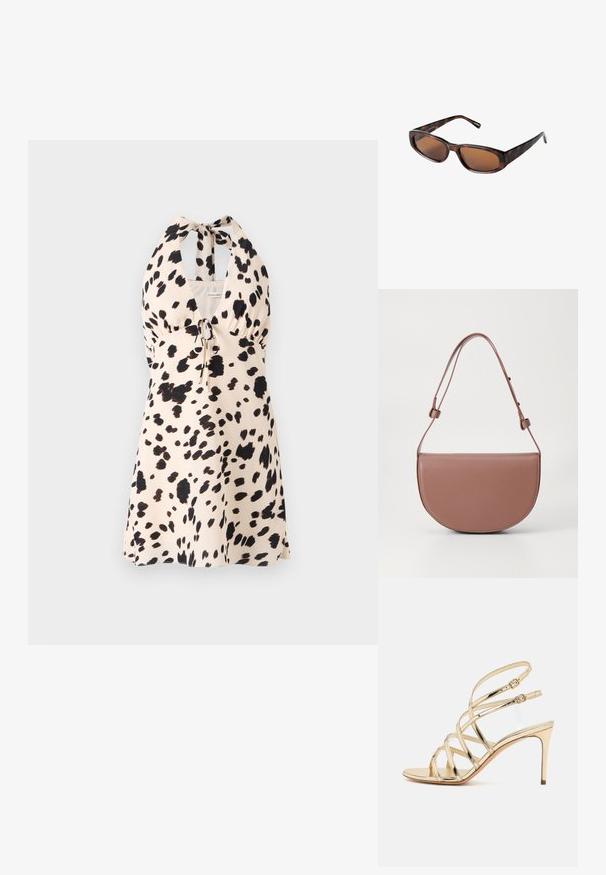 Haalterneck-mekko vaaleanbeige värissä mustilla pilkullisilla kuvioilla; siinä on kiristysnyöri vyötäröllä, joka mahdollistaa säädettävän istuvuuden.; Casadei JULIA INTERSTELLAR  - Korolliset sandaalit - glass/platino; Ruske tortoiseshell sunčane naočale s pravokutnim lećama, elegantnim profilom i zakrivljenim okomitim krakovima. Leće imaju smeškastu nijansu, a okvir je napravljen od plastike.; HVISK CLIFF SOFT STRUCTURE - Käsilaukku - dusty mauve