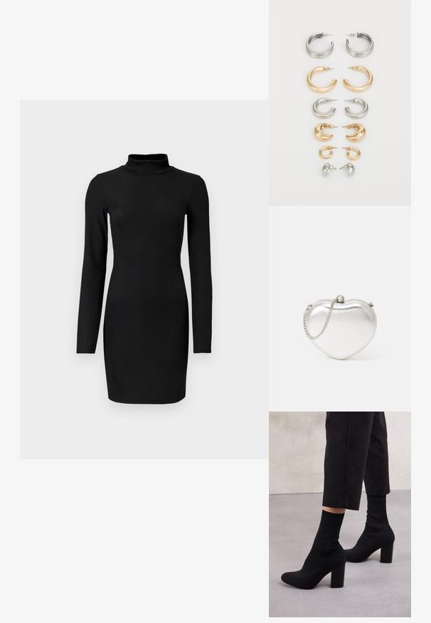 Črna rebrasta obleka z dolgimi rokavi in simuliranim ovratnikom, oprijetega silhuete in gladke teksture. Dolžina do sredine stegna, brez vidnih vzorcev ali akcentov.; Črne gležnjarje z visokimi petami in rebrastim zgornjim delom, gladko površino, okroglo konico in blok peto za stabilnost.; Kovinska srebrna torbica v obliki srca z gladko teksturo, zapiralom na klip, in srebrnim verižnim trakom.; Komplet osmih kovinskih uhani v srebrnih in zlatih odtenkih. Vključuje različne obroče, stile, teksture in končne obdelave, razporejene po velikosti.
