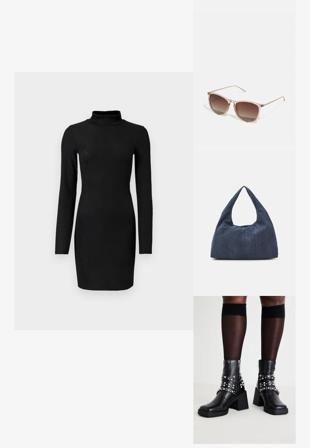 Vestido negro de manga larga con cuello alto, silueta ajustada y textura suave. Largo hasta medio muslo y sin patrones o acentos visibles.; Botines negros hasta el tobillo con un tacón grueso, adornados con tachuelas plateadas y correas, hechos de cuero con una textura suave y un cierre de cremallera.; Gafas de sol con degradado marrón y un marco translúcido rosa, forma cuadrada y brazos de metal delgados. Presenta bordes redondeados y un diseño minimalista.; Bolso de denim azul oscuro con una forma suave y caída, que presenta un asa de estilo hobo y una superficie texturizada. Sin acentos de hardware visibles.