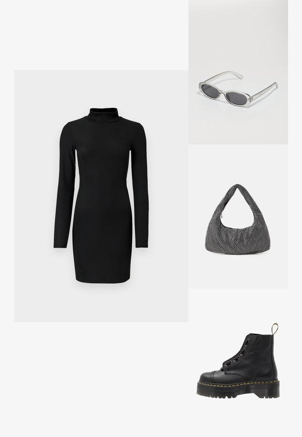 Crna rebrasta haljina dugih rukava s lažnim ovratnikom, prilagođenim siluetom i glatkom teksturom. Duljina do sredine bedara i bez vidljivih uzoraka ili naglasaka.; Crne kožne gležnjače s teksturiranom površinom, okruglim vrhom, vezanjem, žutim šavovima i debelim, rebrastim crnim platformama.; Naočale u ovalnom obliku, okvir od prozirne plastike, tamno sivi leće i tanke prozirne ručke s logotipom i minimalnim detaljima.; Crna torba s zakrivljenim, hobo oblikom, izrađena od teksturiranog materijala s srebrnim zakovicama. Ima jedan gornji ručak, zatvaranje munje i mekanu siluetu.; Zlatne metalne naušnice s elegantnim, zakrivljenim dizajnom. Imaju karakterističan šiljast oblik, poliranu površinu i zatvaranje na šarku.