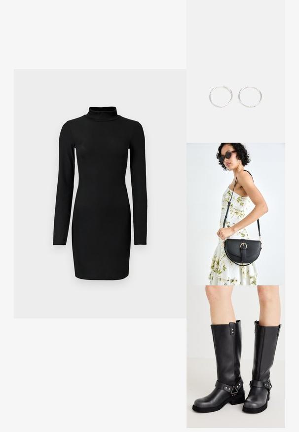 Must mustriba, pikkade varrukatega kleit, millel on vale kaelus, keha ligi istuv siluett ja sile tekstuur. Üksikasjadeta, reie keskele ulatuv pikkus.; Mustad mustad mustedega nahast põlvikud, millel on lai vars, rihmade detailid, hõbedane riistvaraga ja lame tald. Sile tekstuur kerge läikega.; Mustmust mustraha kõverate joontega, eemaldatava rihmaga ja kuldsete detailidega. Kotil on klapp, millel on pandladetail.; Hõbedased rõngaskõrvarõngad, millel on sujuv ja ümar disain, millel on sile pind ja nähtavad kaunistused puuduvad. Diameeter ei ole täpsustatud.