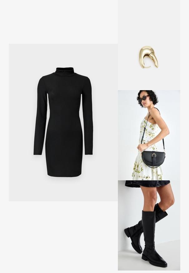 Melnas ribotās garās piedurknes kleitas ar simulētu kakla izgriezumu, pieguļošs siluets un gluda tekstūra. Vidējā augumā līdz augšstilbam, bez redzamām rakstām vai akcentiem.; Melnas ādas ceļgala augstuma zābaki ar smailu purngalu, plakanu zoli un minimālu šuvju skaitu. Gluda tekstūra un vienkāršs dizains bez rotājumiem.; Melnas ādas rokassoma ar izliekta formu, noņemamu siksnu un zelta aksesuāriem. Somai ir vāciņš ar sprādzes detaļu.; Zeltīti metāla auskari ar gludu, izliekta dizaina. Ar atšķirīgu smailu formu, pulētu virsmu un eņģu aizdari.