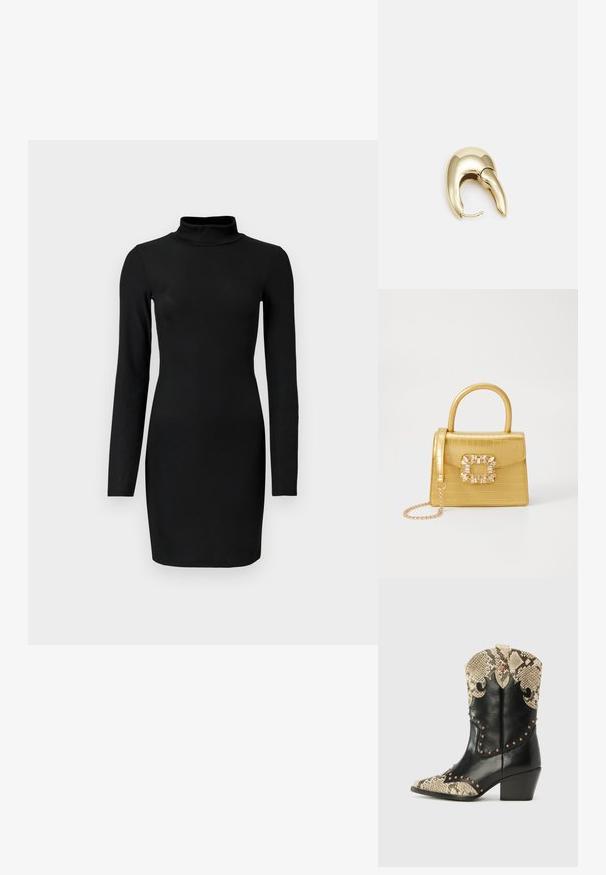 Vestido negro de manga larga con cuello alto, silueta ajustada y textura suave. Largo hasta medio muslo y sin patrones o acentos visibles.; Bota vaquera de cuero negro con parte superior de estampado de serpiente, costuras decorativas, tachuelas de cobre y un tacón apilado. La parte superior tiene un diseño de punta afilada.; Bolso de mano de imitación cocodrilo amarillo con un diseño estructurado, asa superior, correa de cadena desmontable y embellecimiento de cristal decorativo en el cierre.; Pendiente de metal en tono dorado con un diseño elegante y curvado. Presenta una forma puntiaguda distintiva, superficie pulida y cierre de bisagra.